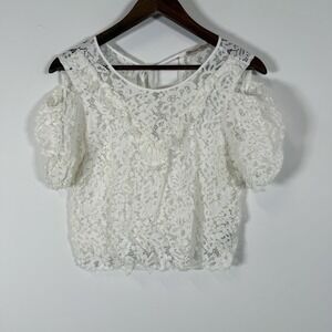 Zara Women's Crop White Pace Short Sleeve‎ Sheer Shirt Size Medium Open Shoulder